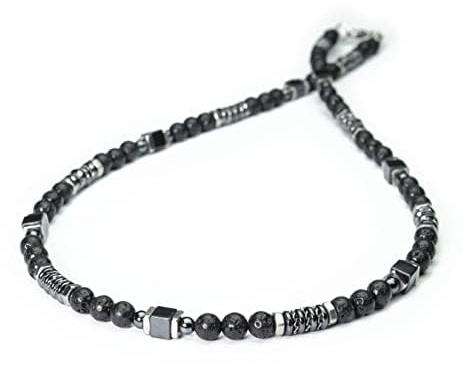 Collier Homme perles 6mm pierre Lave Volcanique noir cubes rondelles en Hématite métal INOX style tibétain Made in France création 1000ola COLLAVAD