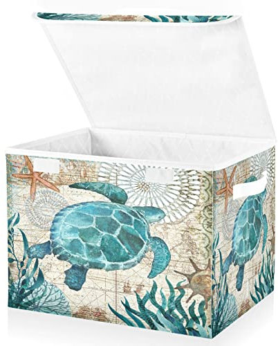 Mnsruu Storage Boxes with Lids, Sea Lives Turtle Coral Large Storage Basket Organizer Shelves Cube Bin Toy Clothes Underbed