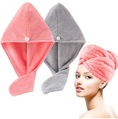 Lumimi Bath Pre Dry Hair Towel 2 Pack Quick Dry Hair Super Absorbent Lightweight Turban with Button Hair Drying Wrap Shower Wellness, Red Grey