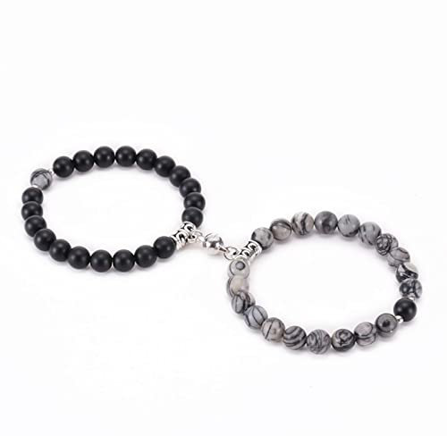 BCughia Armband Perlen Retro, Partner Armbänder 2 Set Schwarzgrau Metalllegierung Beads Armband Rundschliff Achat Elastische Glatte Runde Perlen 17cmx8mm