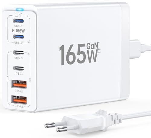 USB C Ladegerät, 165W GaN 6 Port USB C Netzteil, Schnellladegerät PD 3.0 Power Adapter, USB Mehrfach Ladegerät für MacBook Pro/Air, iPad, iPhone 15 14 13 12 Pro Max, Samsung Galaxy Note…