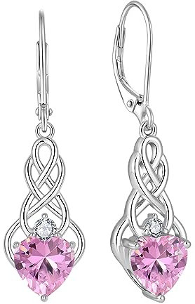 FJ Unendlichkeit Keltischer Knoten Ohrringe Damen 925 Sterling Silber Hängend Ohrringe Rosa Turmalin Oktober Geburtsstein Ohrringe Irischer Glücksschmuck Geschenke für Frauen