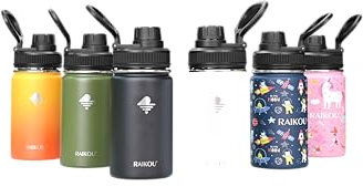 RAIKOU Edelstahl Trinkflasche | Vakuumisolierte Wasserflasche | Auslaufsichere Sportflasche mit 2 Deckel | Thermoflasche | Heiß& Kalt | Weite Öffnung Schwarz (350ml, Weiß)