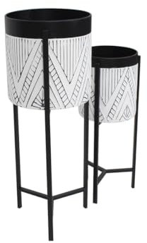 Vente-unique - Lot de 2 Cache-Pots sur Pied en métal- D. 20 x H. 53 cm et D. 25 x H. 69 cm - Noir et Blanc - CAPOLI