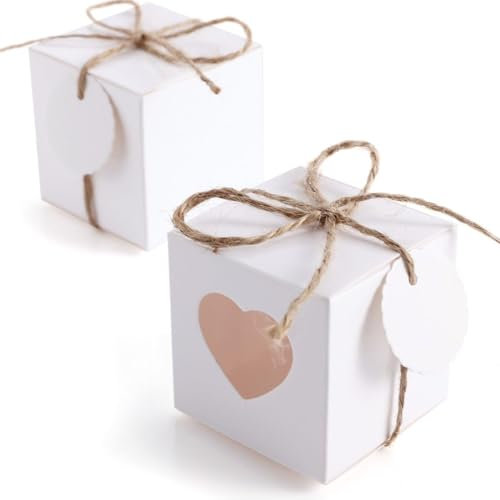 50xKraftpapier Geschenkbox Geschenkschachtel Gastgeschenk Box mit Tags und Jute Schnur für Hochzeit Weihnachten Babyshower (Weiss, 5x5x5cm)