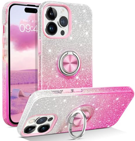 DOMAVER Case for iPhone 15 Pro, iPhone 15 Pro Slim Fit Glitter Sparkly with 360° Ring Holder Kickstand Magnetic Car Mount Supported Protective Girls Women Phone Case for 15 Pro 6.1“,Pink