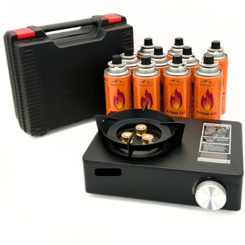 SMH LINE® Juego de hornillos de gas de lujo para camping, 3,5 kW, incluye 4 cartuchos de gas de 227 g, de gas butano, robusto, maletín, estufa, barbacoa al aire libre, 3 fuegos