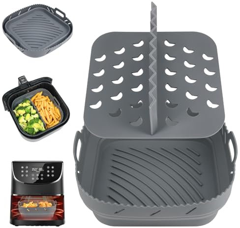 BYKITCHEN Silicone Air Fryer Liner with Divider for Cosori 5.5L/Ninja Speedi 5.7L, Square Silicone Air Fryer Accessories for Tefal 5L/Cosori 4.7L Air Fryer, 8 Inch Reusable Air Fryer Basket Liner