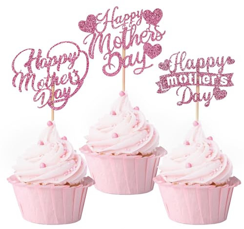 Cupcake-Aufsätze Happy Mother's Day, glitzernd, hohles Herz, Liebe, Mutter, Geburtstag, Cupcake-Picks für Muttertag, Party, Cupake-Dekorationen, Rosa, 60 Stück