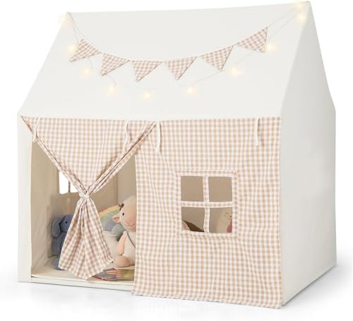 DREAMADE Kinderzelt für Drinnen mit Matte und Lichtern und Flaggenbanner, Kinder Spielhaus Indoor, Tipi Zelt, Spielzelt für Kinder ab 3 Jahren für Kinderzimmer Spielzimmer (Beige)
