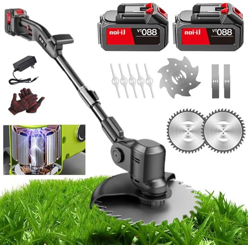 3 In 1 Electric Cordless Grass Trimmer With 2 Batteries, 21vhand Held Weed Wacker With 4 Type Blades, Yard Trimmer Adjustable Telescopic Handle For Garden Brush Cutter Clearing Weeds