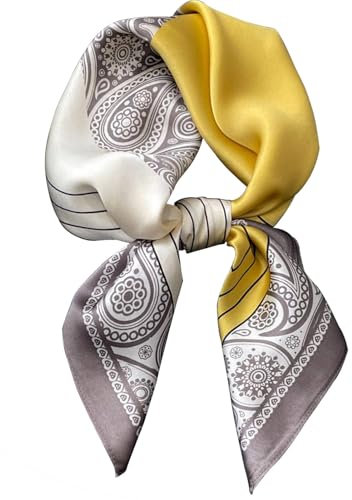 kcctoo Kopftuch für Damen, Maulbeerseide, quadratischer Ausschnitt, Satin-Schal für Tasche, Haarschal, Geschenk, 69,8 cm, B14 - Gelb & Grau, 69,8 x 69,8 cm, 27.5” x 27.5”/70 x 70cm
