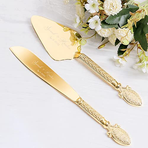 Cake Cutting Set for Wedding, Personalized Gold Cake Knife and Server Set, Custom Cake Serving Set, Engraved Pastry Pie Server Cake Pizza Cutter, Christmas Birthday Bridal Gift (Vintage)