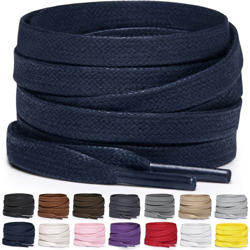 Miscly Cordones Planos de Algodón Encerado - Para Botas, Zapatillas y Zapatos, Disponibles en Varias Longitudes y Colores (Azul Marino, 137 cm)