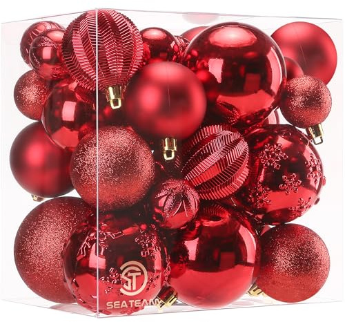 Sea Team 36er-Pack Weihnachtskugeln 40-80mm mit Schnüren Rot | Bruchsichere Dekokugeln für Baum, Feiertage, Hochzeiten und Partys