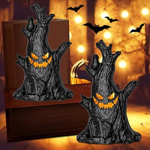 GAROMIA Halloween Deko Geister Baumstumpf Mit LED Licht 2 Stück Halloween Geister Baumstumpf Dekoration Geisterbaum Figur LED Kerzen für Innen und Garten Party Dekoration [Energieklasse A]