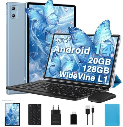 DEERTiME 2025 Neueste Android 14 Tablet 10 Zoll, 20GB RAM+128GB ROM/TF 2TB, WLAN 6, 5G+2.4G WLAN,8-Core,WideVine L1,1280 * 800 FHD IPS,6000mAh,8MP+5MP,BT5.0,GMS Tablet Mit Tastatur und Maus - Blau