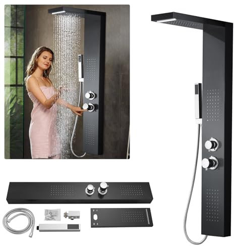 UISEBRT Panneau de douche en acier inoxydable brossé - Montage d'angle - Colonne de douche 4 fonctions avec douche à effet pluie, buses de massage, douchette à main et bec de baignoire - Pommeau de