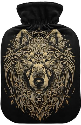 Wärmflasche, 2 l, großer Wärmbeutel mit weichem Plüschbezug, Wolf Boho, auslaufsicherer Schraubverschluss, ideal für Wintersport, Outdoor, Rücken, Nacken und Bein, kalte Muskelschmerzen und Krämpfe