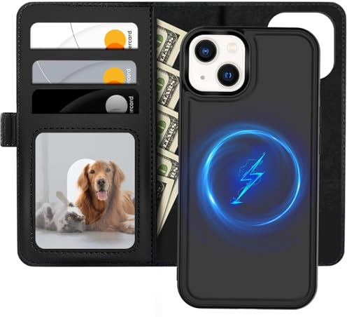 XTCASE Leather Case for iPhone 13, Magnetic Compatible with MagSafe, 2-in-1 Removable Mobile Phone Case, Flip Case, Wireless Charging, Card Slot, Stand, Folding Flip Case, Black