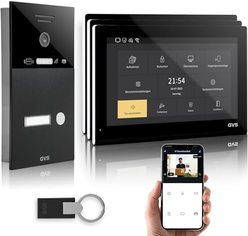 GVS - IP Video Türsprechanlage mit Türöffner, RFID Zugang, HD Kamera, 3X 10 Zoll Monitor & App - Smarte Video Türklingel mit Kamera & Gegensprechanlage für 1 Familienhaus (AVS5538U)