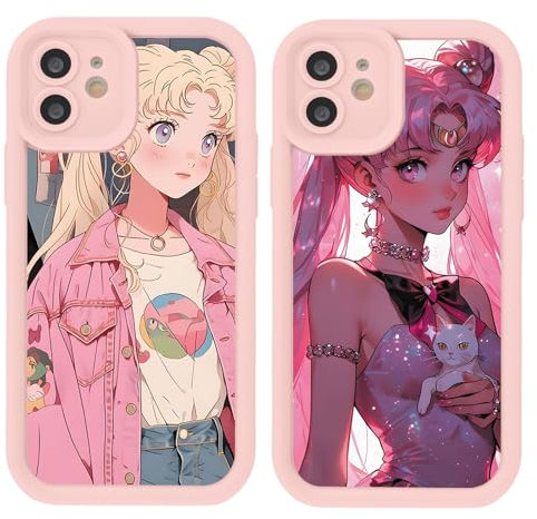 nurkorki 2 Stück Niedlich Mädchen Handyhülle für iPhone 14 Hülle 6,1,Anime Charaktere Muster Kawaii Design Aesthetic Schutzhülle für Frauen,TPU Silikon Stoßfest Case,Rosa Anime