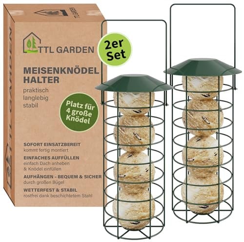 TTL Garden 2er Set 31cm Meisenknödelhalter mit Dach - Meisenknödel Halter für Wildvögel rund Ø 8 cm Stahl rostfrei grün pulverbeschichtet Futterstelle Vogelfutterspender für Garten Balkon Terrasse
