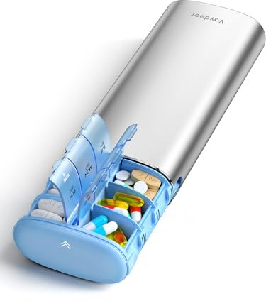 Vaydeer Pastillero Semanal 2 Tomas con Desecante Integrado - Organizador de Medicamentos Metálico para Viaje, 7 Compartimentos Herméticos, Capacidad X para Vitaminas y Suplementos (Plata Antihuellas)