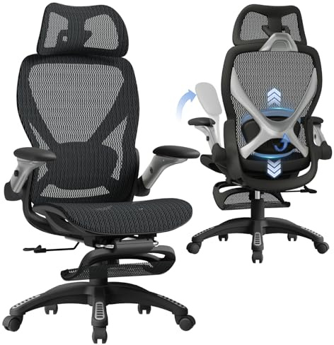 ELABEST X100 Ergonomic Mesh Office Chair with Footrest, Big and Tall Hone Desk Chair with 5D Flip-Up Arms, Adjustable 3D Lumbar Support,Gaming & Executive Computer Chairs