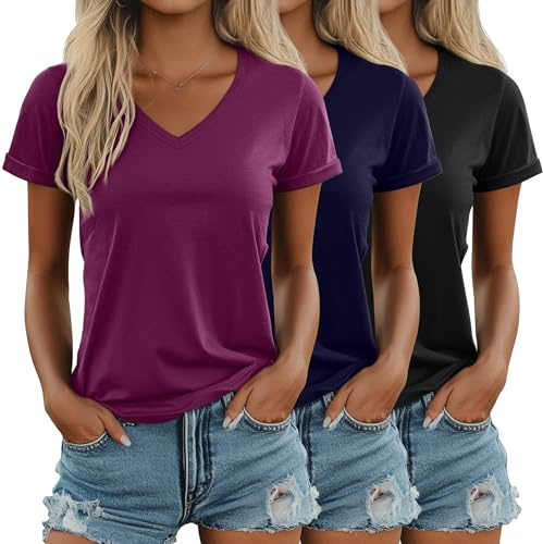 Ficerd 3 Pezzi T-Shirt Donna Scollo a V Manica Corta | Magliette morbide in cotone 65%, top con maniche risvoltate, taglio ampio, T-shirt comode per l'estate