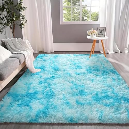 AIMECO Schlafzimmer Teppich 140 * 200cm Flauschiger Teppich Wohnzimmer Leichte Bounce Bodenmatte Mädchen Schlafzimmer Innen Antibakteriell Fleckenbeständig Tie-dye blau