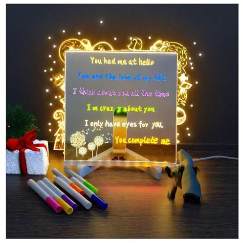 Hazomeu Tableau Lumineux avec 7 Stylos Néons et Support Réglable Tablette à Dessin Lumineuse Essuyable Tablette LED Acrylique,15x15cm