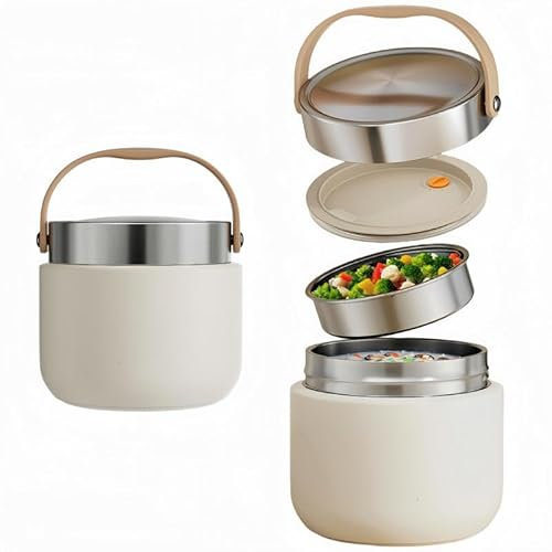 MAOYUAN Insulated Stainless Steel Food Flask Vacuum Food Jar Double Walled Stainless Steel Soup Flask with Spoon & Carry Handle BPA-free On-the-Go Meals Container For Hot & Cold Food, 1200ml (White)