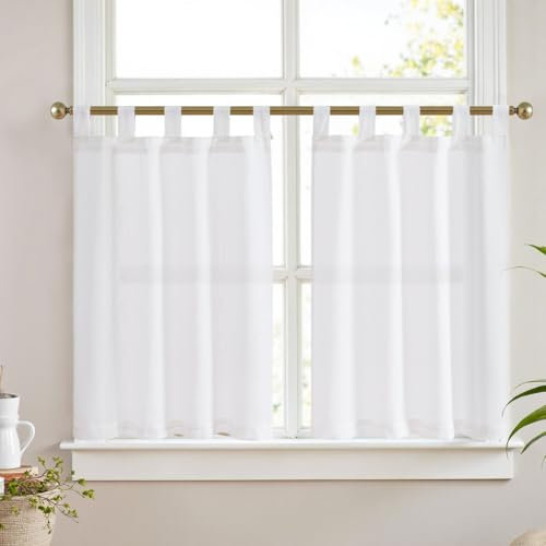 Vangao Scheibengardinen mit Schlaufen Modern Küche Weiß Leinenoptik Bistrogardine 2er Set 65Bx60Hcm Küchengardinen Balkontür Wohnwagen Landhausstil Gardinen Kurz Lichtdurchlässig Kurzstores