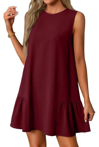 Vasreyy Strandkleid Damen LangSommerkleid Kurz Boho Kleid Elegant Rüschen Einfarbig Ärmellos Rundhals Cut-Outs Knopfleiste Hinten Minikleid Mit Taschen Minikleider Sommer(Wein,XL)