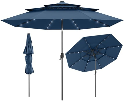 COSTWAY 3M 3-Tier Garden Parasol, Heavy Duty 8-Ribs Solar Patio Umbrella with 32 LED Lights, Crank Handle & Tilt Function, Outdoor UV Protective Canopy Sun Shade (Navy, no Ruffled Edge)