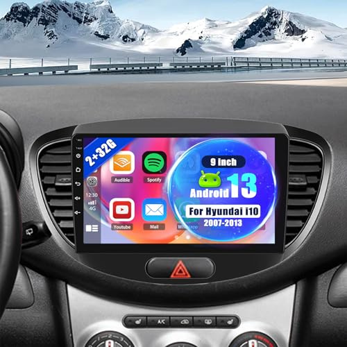 Car Stereo 2 Din for Hyundai i10 2007 2008 2009 2010 2011 2012 2013 with carplay Android Auto 9in IPS Touchscreen, Bluetooth 32EQ GPS Navi WiFi Mirror Link FM/RDS SWC Backup Camera Mic, 2+32G