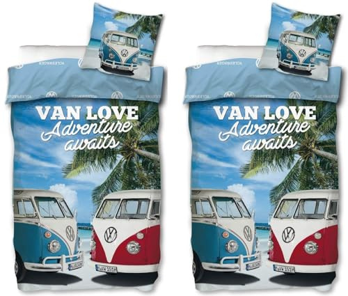 rainbowFUN.de VW Bulli Partner-Bettwäsche-Set für 2 Personen Doppelbett Bus T1 Van Love 135x200 80x80 Baumwolle