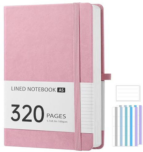 Novent Notizbuch A5 Liniert, 100GSM Journal Tagebuch mit 320 Seiten & Hardcover, A5 Notebook mit Stifthalter, Gummiband & Innentasche, Notizbücher für Büro Schule Arbeit Männer Frauen (Rosa)