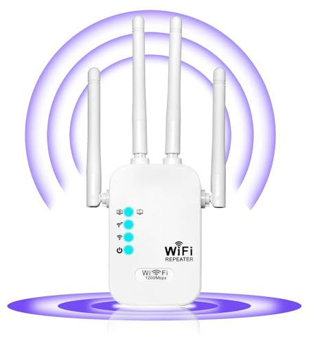 Répéteur WiFi, Amplificateur WiFi 1200Mbps Dual Band 2.4G/5G, Extension Signal WiFi,4 Antennes, 2 Ports LAN, Idéal pour la Maison/Bureau (Blanc)
