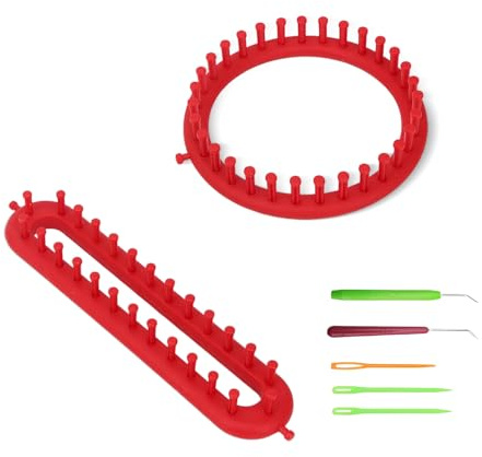 RFYTDCF 2 Stück Strickrahmen, Rot Strickbrett 19 cm Rund und 26 cm Rechteckig Strickmaschine mit Häkel und Kunststoffnadeln Strickring Set Strickhilfe für Stricken von Schals Handschuhen Mützen