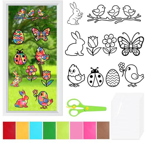 Kefyvbdj 26 Stück Fensterbilder Basteln Ostern Kinder, Bastelset Frühling Kinder mit Osterhasen, Küken, Blumen & Eiern, Osterbasteln mit Kindern, DIY Frühlingsdeko Fensterbilder