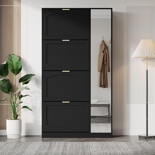 Terahanda Moderne Schuhschrank mit Spiegel, 4 klappbaren Aufbewahrungsfächern, verstellbarem Regalbrett hinter dem rechten Spiegel, ideal für den Flur, Maße: B80/H147/T24 cm (Black)