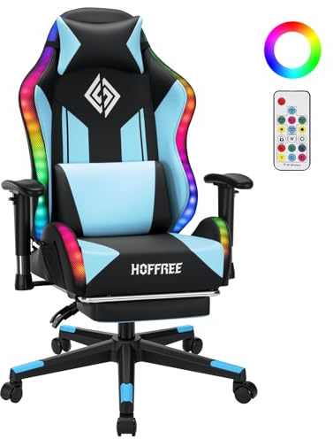 HOFFREE LED Gaming Stuhl für Kinder 155°Computer Stuhl mit RGB Lichter-Blau | Liegestühle mit Fußbrett;Ergonomischer Gaming Sessel für Teenager 6-15;PC Gamer Stuhl mit Lumbalstütze für Gaming und Lernen