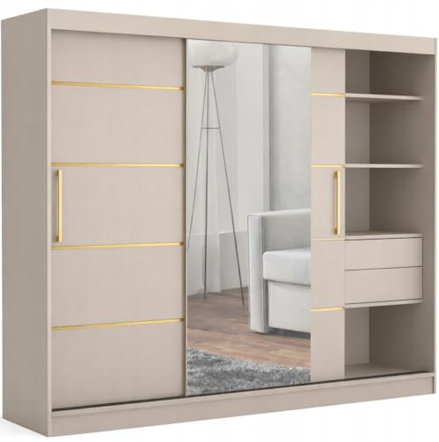 Brent - Kleiderschrank mit Spiegel und Schubladen 200cm Breit Chelsea Tomy, Schwebetürenschrank mit Spiegel, Schlafzimmerschrank, Kleiderschrank Cashmere/Gold