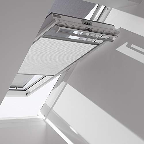 Original VELUX Vorteils-Set ( Faltstore DuoLine + Hitzeschutz-Markise ) für GGL, GHL, GPL, GTL, GGU, GHU, GPU, GTU SK08 / in Stofffarbe Standard 1045 / Uni Weiß – Markise in 5060 schwarz, Seitenschienen in Silber / FOP SK08 1045S