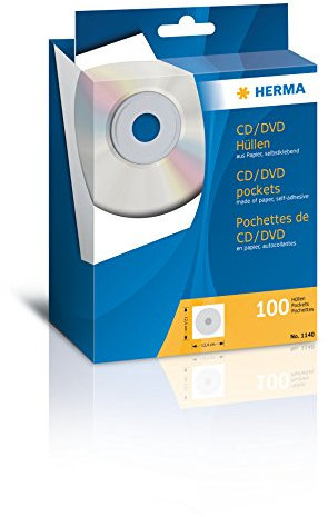 HERMA 1140 CD DVD Papier-Schutzhüllen, 100 Stück, CD Umschläge Papierleerhüllen mit Sichtfenster, DVD Schutzhüllen Papierhüllen mit Fenster, Rückseite selbstklebend, weiß