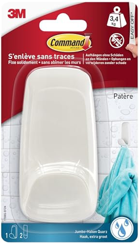 Command Crochet Très Grand Format pour Salle de Bain, Blanc Nacré - 1 Crochet et 2 Bandes Résistantes à l'Eau, Supporte jusqu'à 3,4 kg - Sans Outils - Fixation Sans Dommages