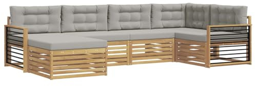 vidaXL Outdoor-Sofagarnitur 6 pcs Weiß und Hellgrau Polyester, Gartenmöbel, modernes Outdoor-Sofa, langlebiges Ecksofa, Terrassenlounge für entspanntes Sitzen