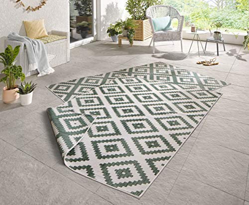 NORTHRUGS Outdoor Teppich Malta-Wendeteppich Wetterfest Modernes Geometrisches Muster Läufer für Balkon Terrasse Garten Wintergarten Wohnzimmerteppich Wasserfest, Polypropylen, Grün,Creme, 80x150cm